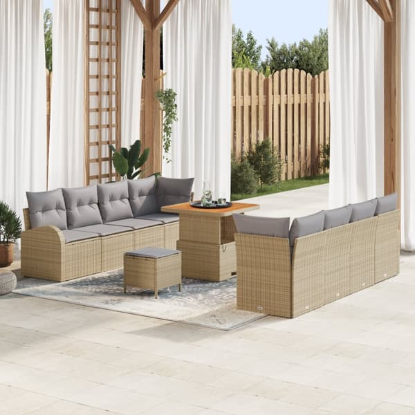 11-delars trädgårdsoff-set med kuddar beige poly rotting akacia