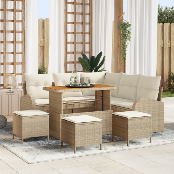 9 Delars Trädgårdsoff Set Med Kuddar Beige Poly Rattan Akacia