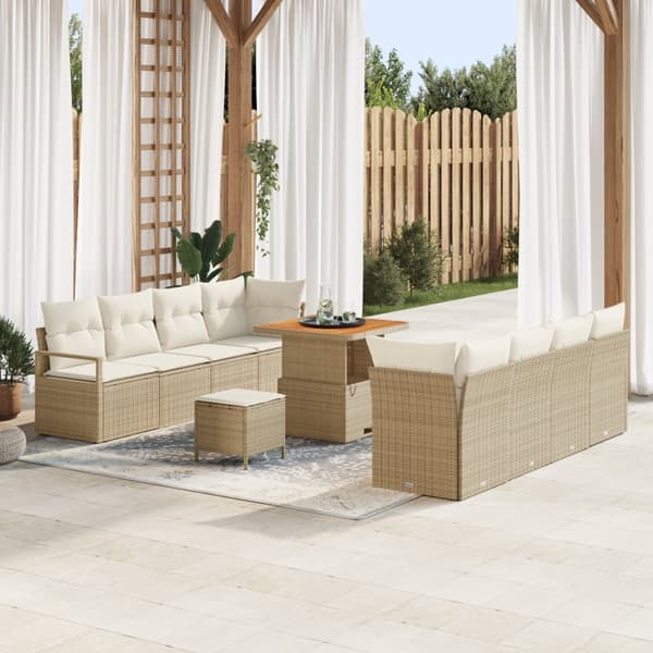 11 Delars Trädgårdsoff Set med Kuddar Beige Poly Rattan Akacia