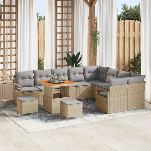 12 Delar Trädgårdsoffa Set med Kuddar Beige Poly Rattan Akacia