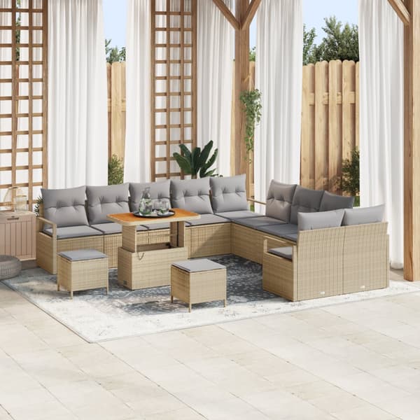 13 Delar Trädgårdssoffa Set med kuddar Beige Poly Rattan Akacia