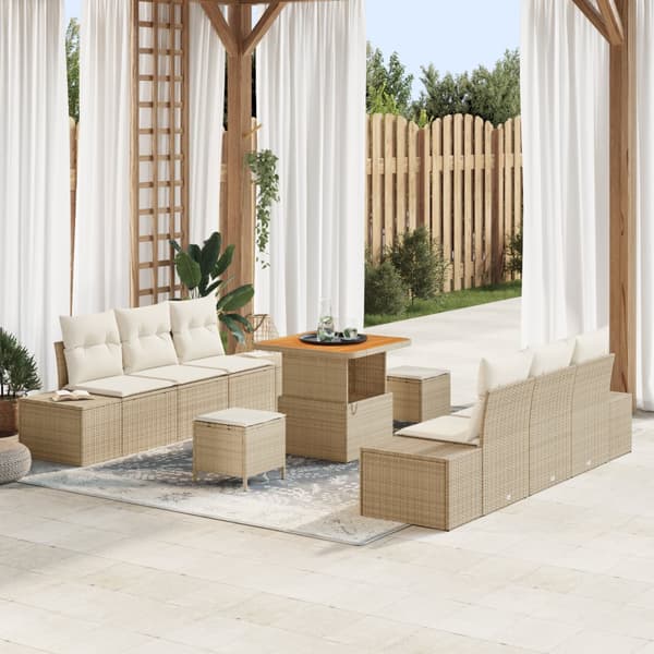 9-delat Trädgårdsoffset med kuddar Beige Poly Rattan Akacia