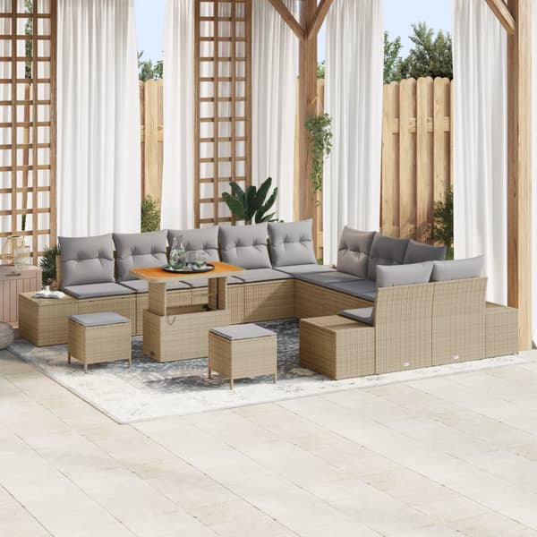 13-delars trädgårdsoffset med kuddar Beige Poly Rattan