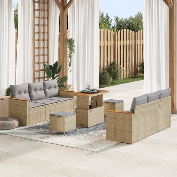 9 Delars Trädgårdsoffaset med Kuddar Beige Poly Rotting Akacia