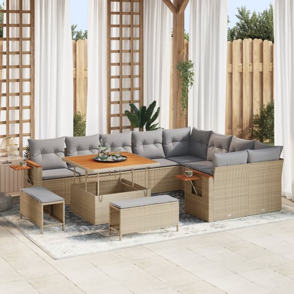 12-delars trädgårdsoff-set med kuddar i beige poly rattan