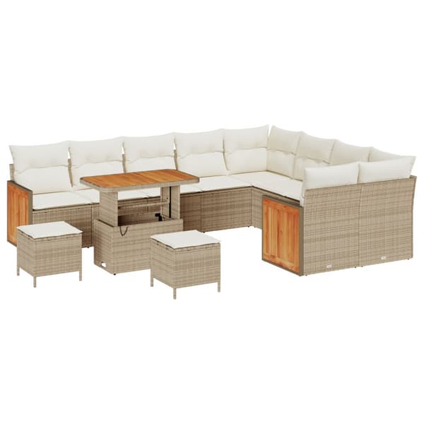 12-delat Trädgårdsoffset med Kuddar Beige Poly Rattan Akacia