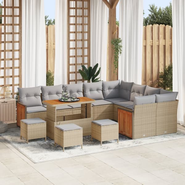 13-delat trädgårdsoffaset med kuddar beige poly rattan akacia