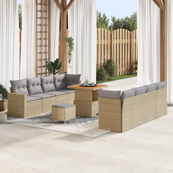 11-delat trädgårdsoffset med kuddar beige poly rattan akacia