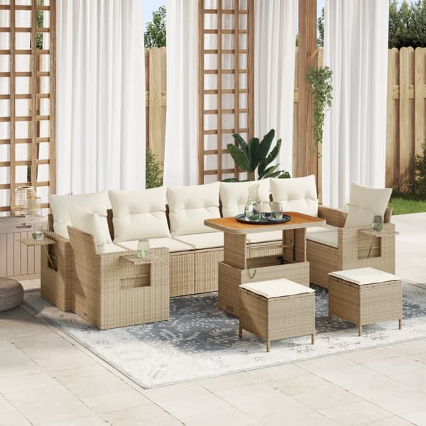 10-delad Trädgårdsoffagrupper med Kuddar Grädde Poly Rattan Acacia