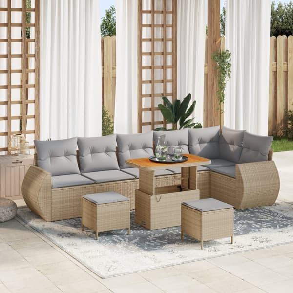 9-delat trädgårdsoffaset med kuddar Beige Poly Rattan Akacia