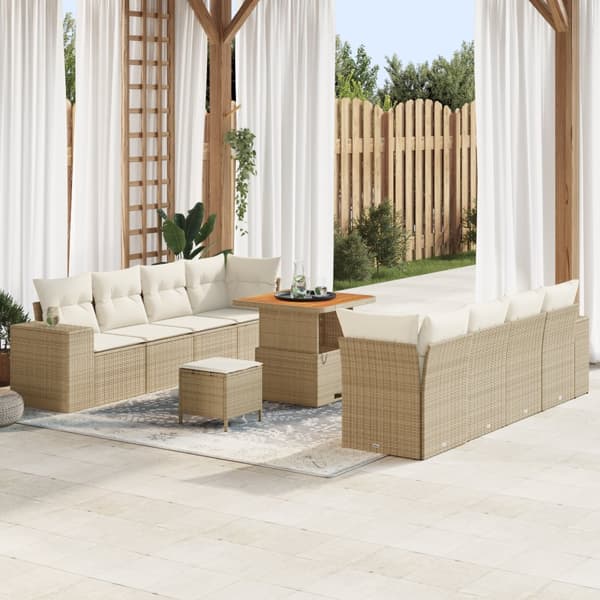 11-delad trädgårdssoffaset med kuddar beige poly rattan akacia
