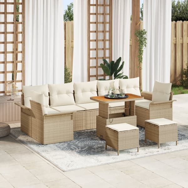10-delad trädgårdssoffset med kuddar beige poly rattan akacia