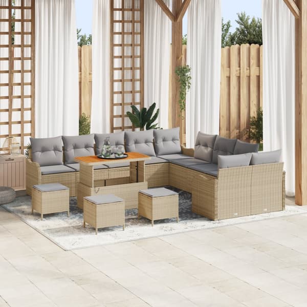 14-delat Trädgårdsoffset med Kuddar Beige Poly Rattan Akacia