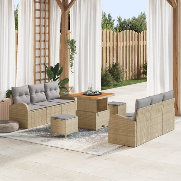 9-delars trädgårdsoffaset med kuddar Beige Poly Rattan Akacia