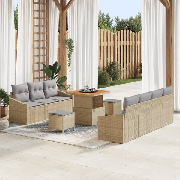 10 Delars Trädgårdsoffset med Kuddar Beige Poly Rattan Akacia
