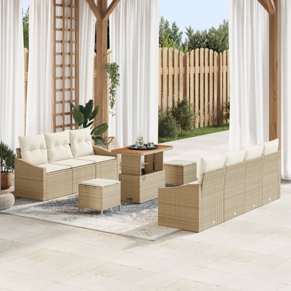 10-delars Trädgårdsoffasats med Kuddar Beige Poly Rattan Akacia