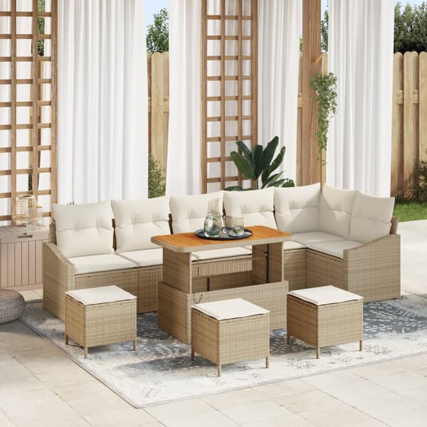 10-delad trädgårdsoffasätt med kuddar Beige Poly Rattan Akacia