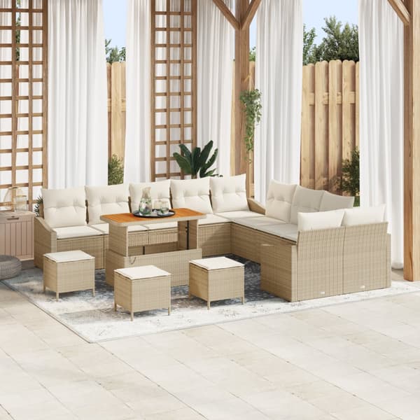 14-delars Trädgårdsoff set med kuddar Beige Poly Rattan Akacia