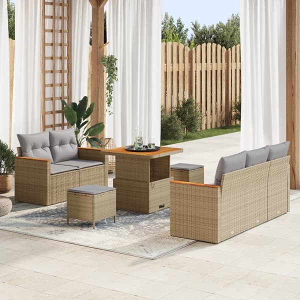 8-delad trädgårdsoffasats med kuddar beige poly rattan akacia