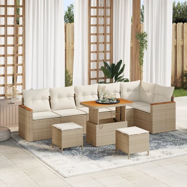 9 Delar Trädgårdsoffset med Kuddar Beige Poly Rattan Akacia
