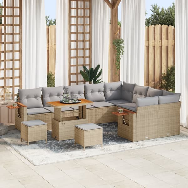 12-delad trädgårdsoffasett med kuddar Beige Poly Rattan Acacia