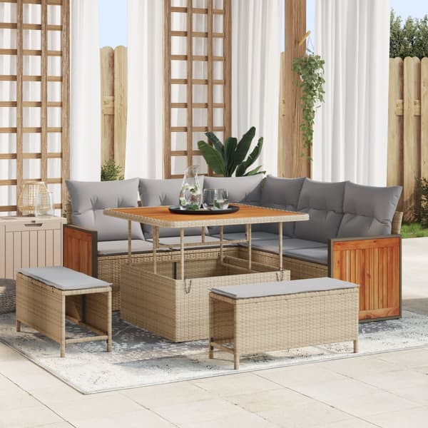 8-delade trädgårdssoffset med kuddar Beige Poly Rattan Akaciaträ