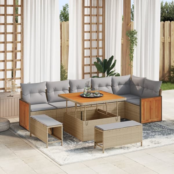 9 Delars Trädgårdssoffset med Kuddar Beige Poly Rattan Akacia