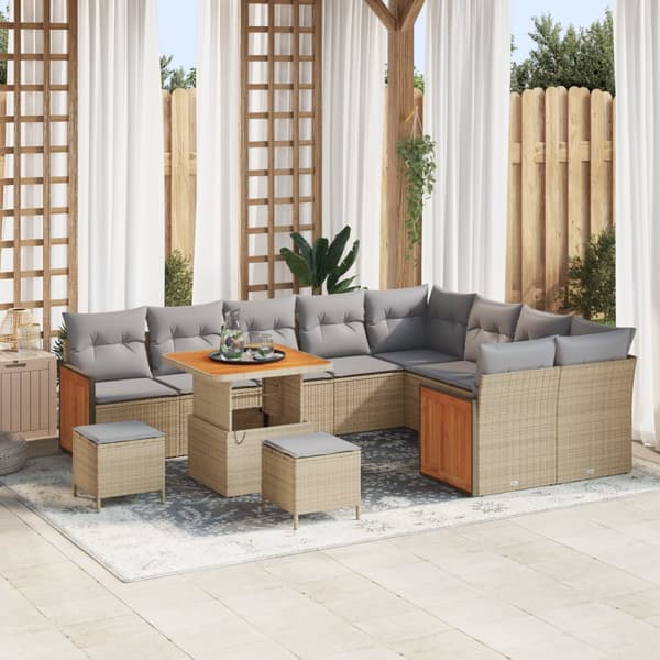 12 delars trädgårdsoffaset med kuddar Beige Poly Rattan Acacia