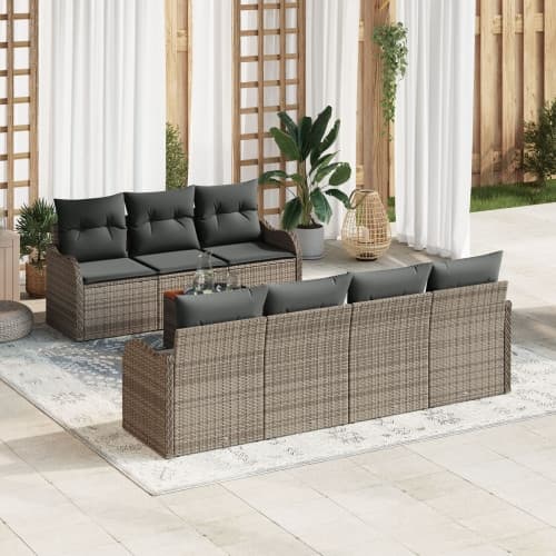 8-delat Trädgårdssovset med kuddar Grå Poly Rattan Acacia, vidaXL 2-sits Trädgårdsoffa med kuddar Grå Poly Rattan