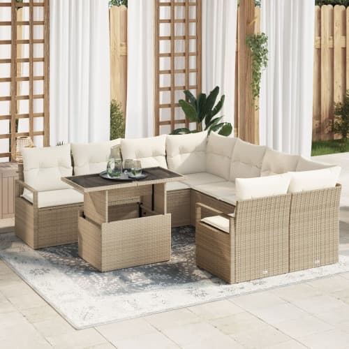 9-delat trädgårdsoffaset med kuddar beige poly rattan