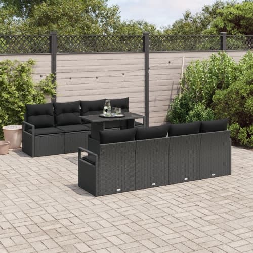 9 Delars Trädgårdssoffgrupp med Kuddar Svart Poly Rattan, vidaXL 2-sits Trädgårdssoffa med Kuddar Svart Poly Rattan
