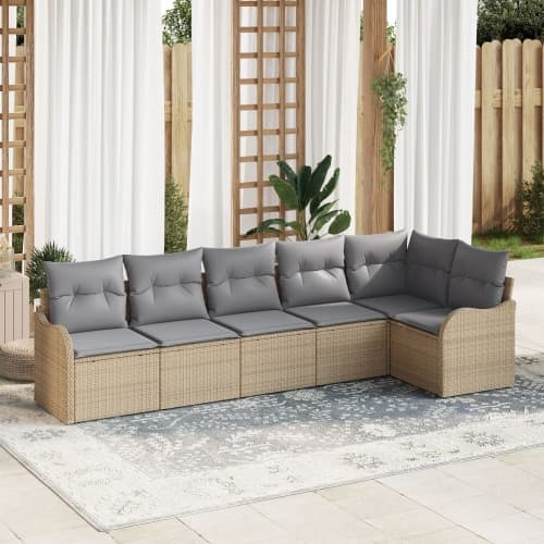 6-delad trädgårdsoffaset med kuddar i beige poly rotting, vidaXL 2-sits trädgårdsoffa med förvaring & kuddar i beige poly rotting
