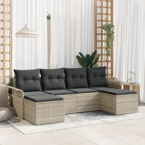6 Delars Trädgårdsoff-set med Kuddar Ljusgrå Poly Rattan, vidaXL 2-Sits Trädgårdsoffa med Förvaring & Kuddar Ljusgrå Poly Rattan