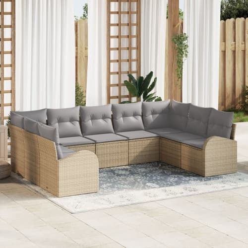 9-delat Trädgårdsoffaset med Kuddar Beige Poly Rattan