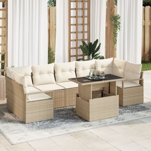 8-delars Trädgårdsoffaset med Kuddar Beige Poly Rattan, vidaXL 2-sits Trädgårdsoffa med Förvaring & Kuddar Beige Poly Rattan
