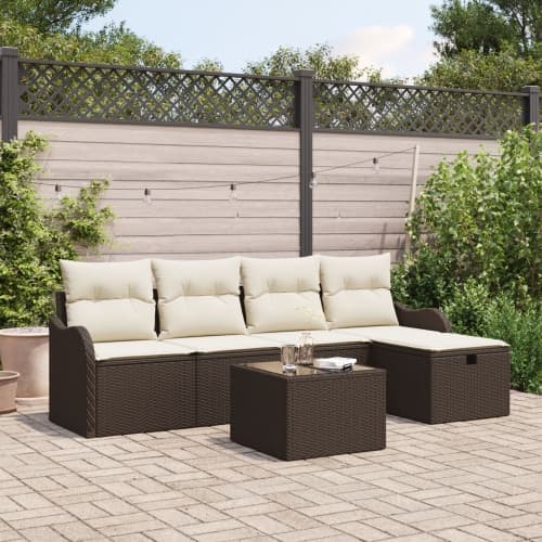 6 Delar Trädgårdsmöbler med Kuddar Brun Poly Rattan, vidaXL 2-Sits Trädgårdsoffa med Förvaring & Kuddar Brun Poly Rattan