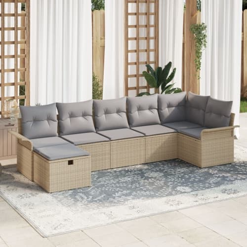 7-delars trädgårdsoff set med kuddar beige poly-rattan, vidaXL 2-sits trädgårdsoffa med förvaring & kuddar beige poly-rattan