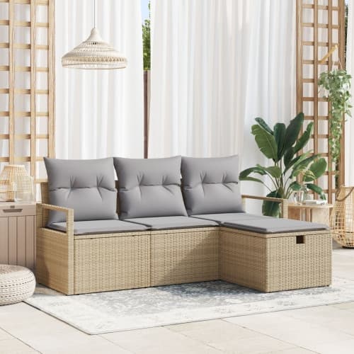 4-delad trädgårdsoffasett med kuddar beige konstrotting