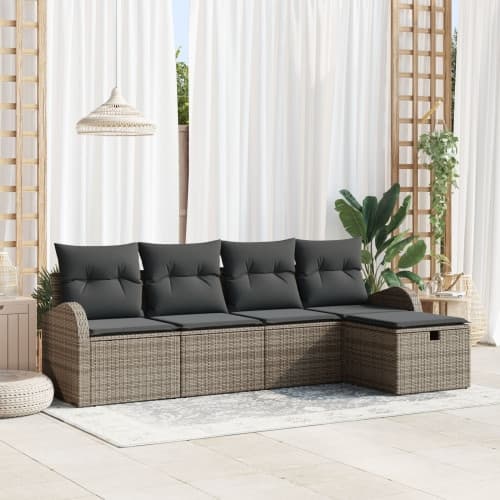 5-delad trädgårdssoffagrupp med kuddar Grå Poly Rattan, vidaXL 2-sits trädgårdssoffa med förvaring och kuddar Grå Poly Rattan