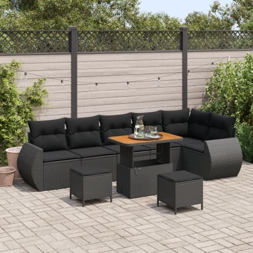 9-delars Trädgårdsoffset med Kuddar Svart Poly Rattan Akacia, vidaXL 3-delars Trädgårdsdining set med Kuddar Svart Poly Rattan Akacia
