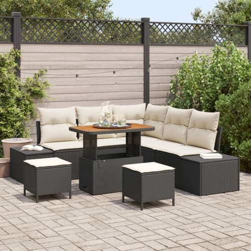 8-delars Trädgårdsoff set med kuddar Svart Poly Rattan Akacia, vidaXL 2-sits Trädgårdsoffa med kuddar Svart Poly Rattan, vidaXL 3-delars Trädgårds mat