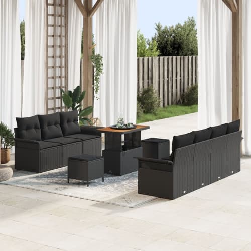 10 Delars Trädgårdssoffset med Kuddar Svart Poly Rattan Akacia, vidaXL 2-Sits Trädgårdssoffa med Förvaring & Kuddar Svart Poly Rattan, vidaXL 3 Delars