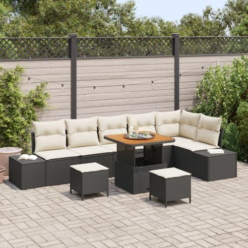 9-delat trädgårdsoff set med kuddar svart poly rattan akacia, vidaXL 2-sits trädgårdsoffa med förvaring & kuddar svart poly rattan, vidaXL 3-delat trä