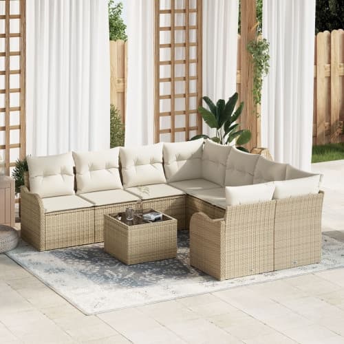 9 Piece Garden Sofa Set with Cushions Beige Poly Rattan