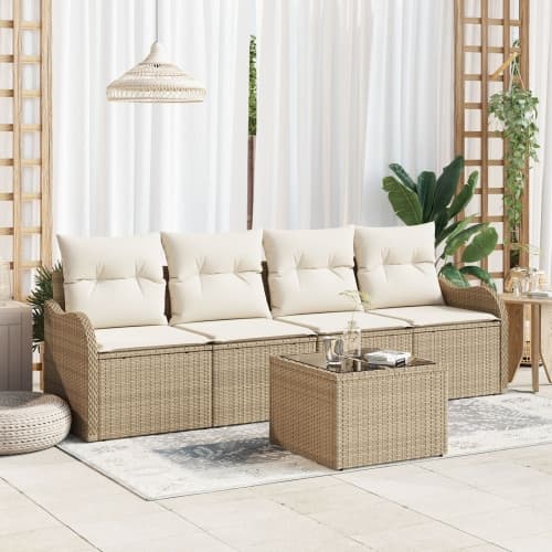 5-delad trädgårdsoffset med kuddar beige poly rattan