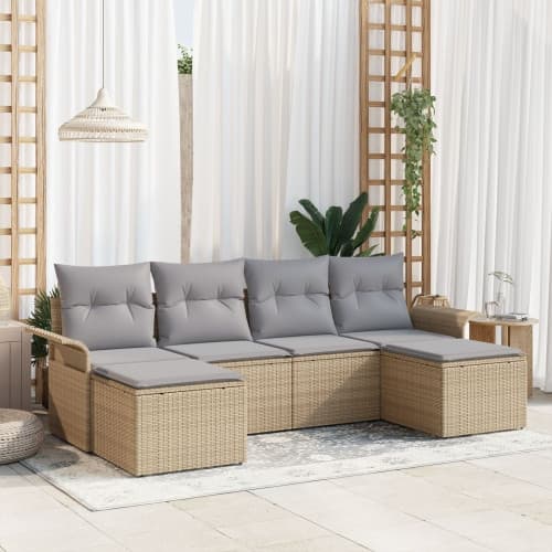 6 Delar Trädgårdsoffaset med Kuddar Beige Poly Rattan, vidaXL 2-Sits Trädgårdsoffa med Förvaring & Kuddar Beige Poly Rattan