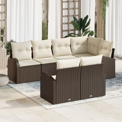 7-delat trädgårdssoffasett med kuddar Brun Poly Rattan, vidaXL 2-sits trädgårdssoffa med förvaring & kuddar Brun Poly Rattan