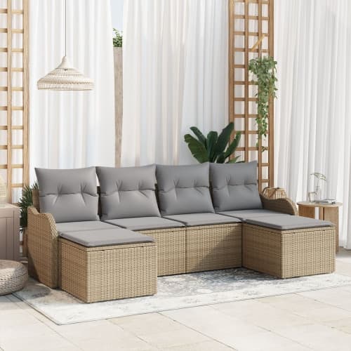 6-delad trädgårdssofa set med kuddar beige poly rotting, vidaXL 2-sits trädgårdsoffa med kuddar beige poly rotting