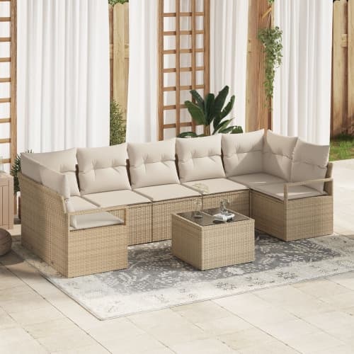 8-delat trädgårdsoffaset med kuddar beige poly rattan