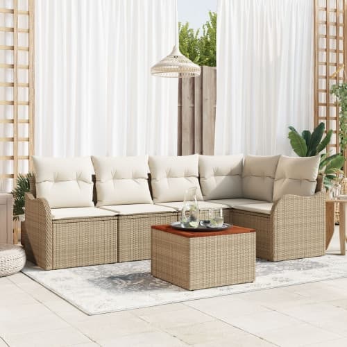 6-delad Trädgårdsoffset med Kuddar Beige Poly Rattan Acacia, vidaXL 2-Sits Trädgårdsoffa med Förvaring & Kuddar Beige Poly Rattan